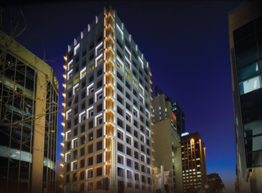 99 St Georges Terrace at night with facade lights on
