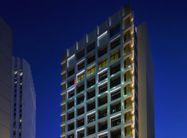 99 St Georges Terrace at night with facade lights on