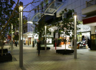 Hay Street Mall night photo showing the Mondoluce supplied lighting