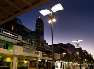 Murray Street Mall lit up at night showing the Mondoluce supplied lighting