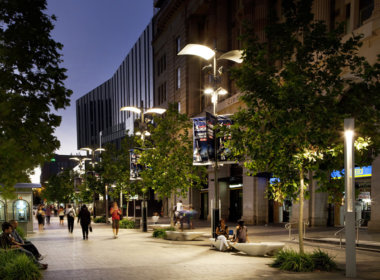 Murray Street Mall lit up at night showing the Mondoluce supplied lighting