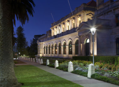 Parliament House Perth at night showing the Mondoluce supplied lighting